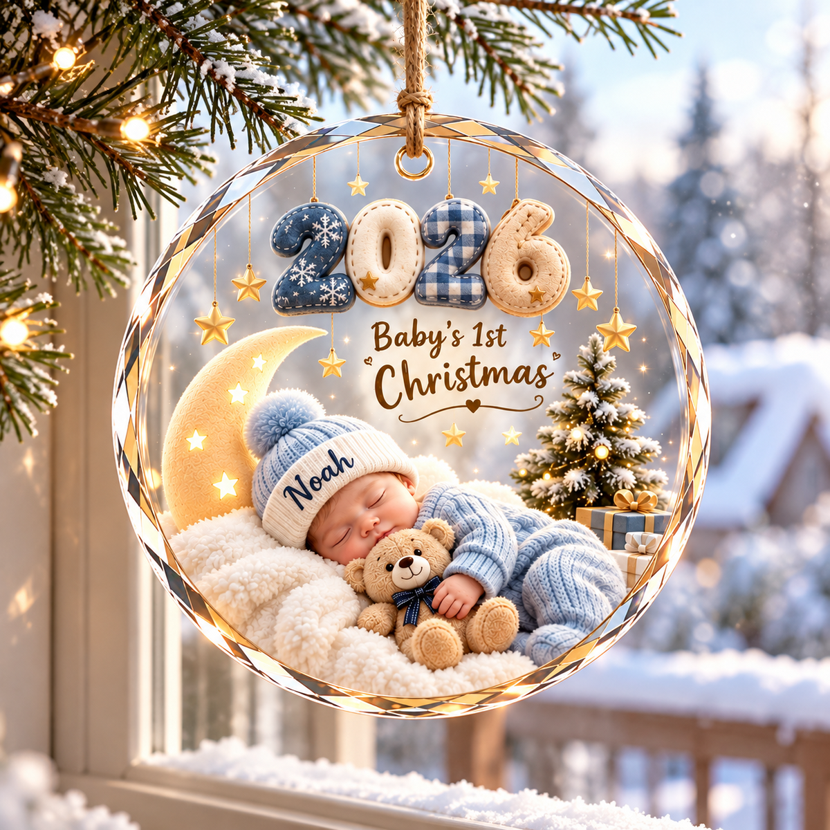 Personalized baby's first Christmas 2026 ornament, boy design, illustrative mockup
