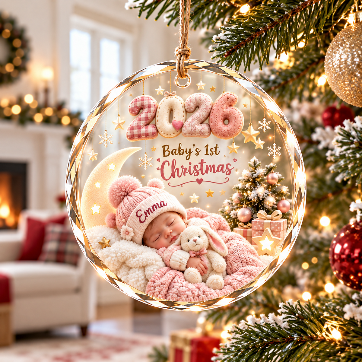 Personalized baby's first Christmas 2026 ornament, girl design, illustrative mockup