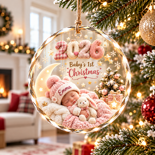 Personalized baby's first Christmas 2026 ornament, girl design, illustrative mockup
