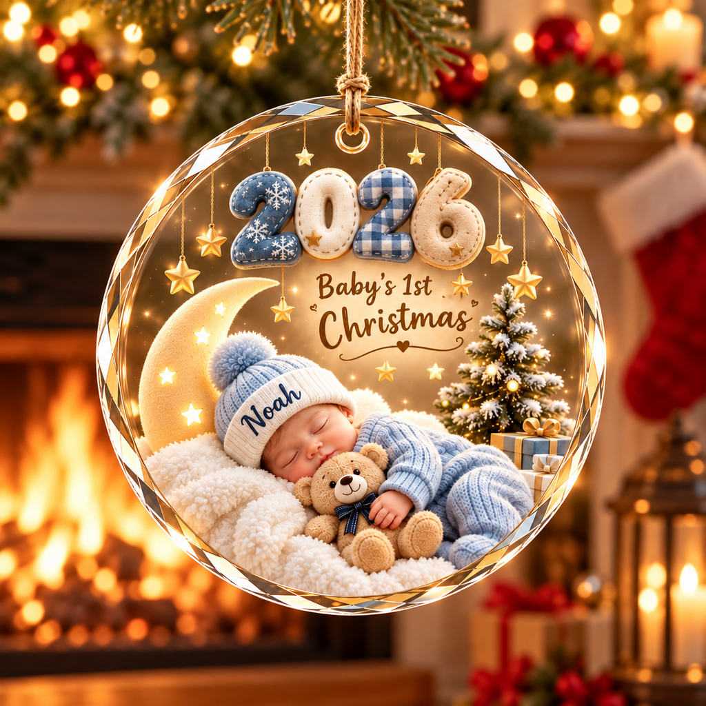 Personalized baby's first Christmas 2026 ornament, boy design, illustrative mockup