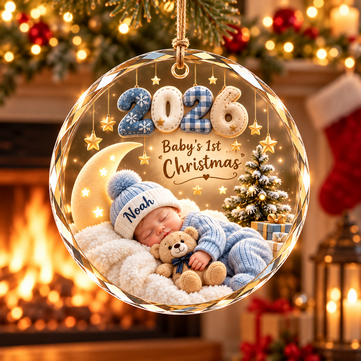 Personalized baby's first Christmas 2026 ornament, boy design, illustrative mockup
