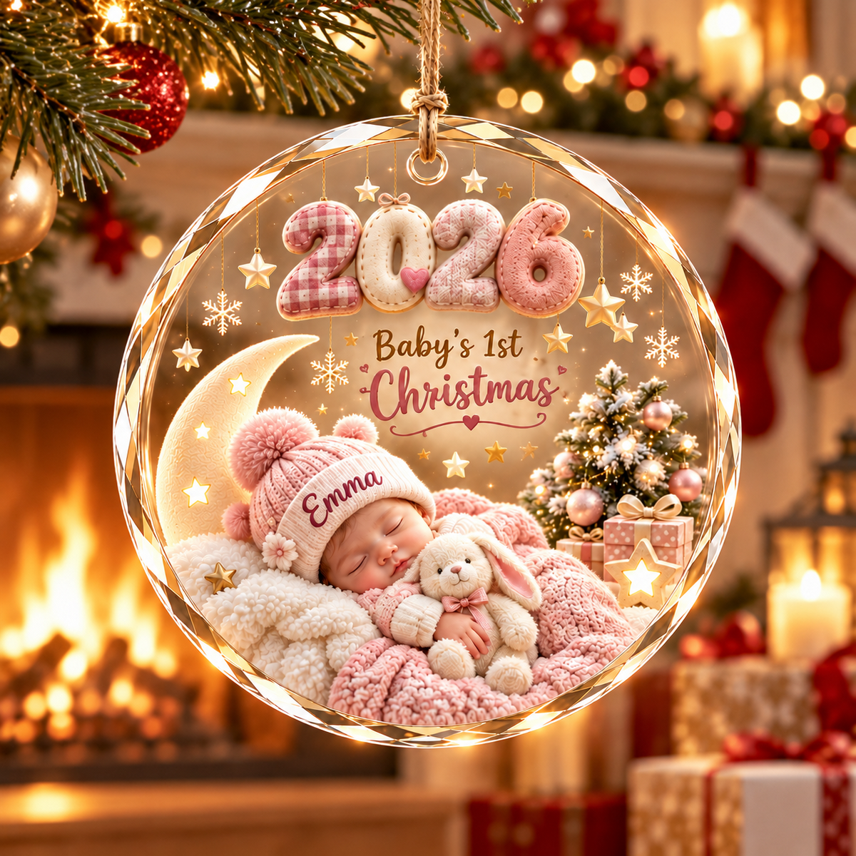 Personalized baby's first Christmas 2026 ornament, girl design, illustrative mockup