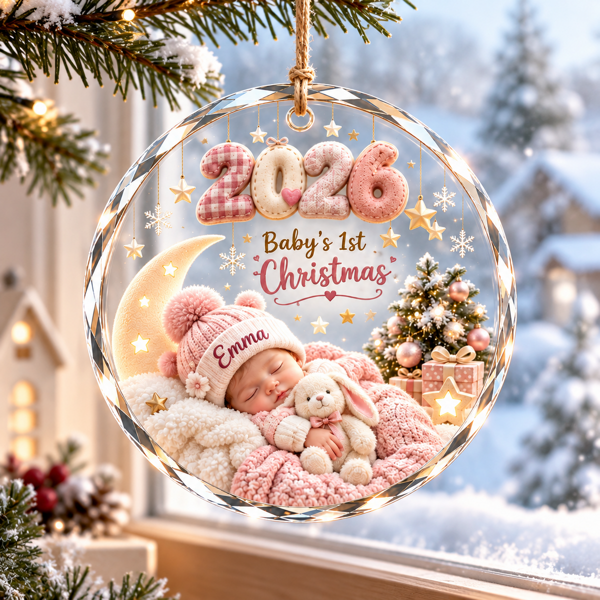 Personalized baby's first Christmas 2026 ornament, girl design, illustrative mockup