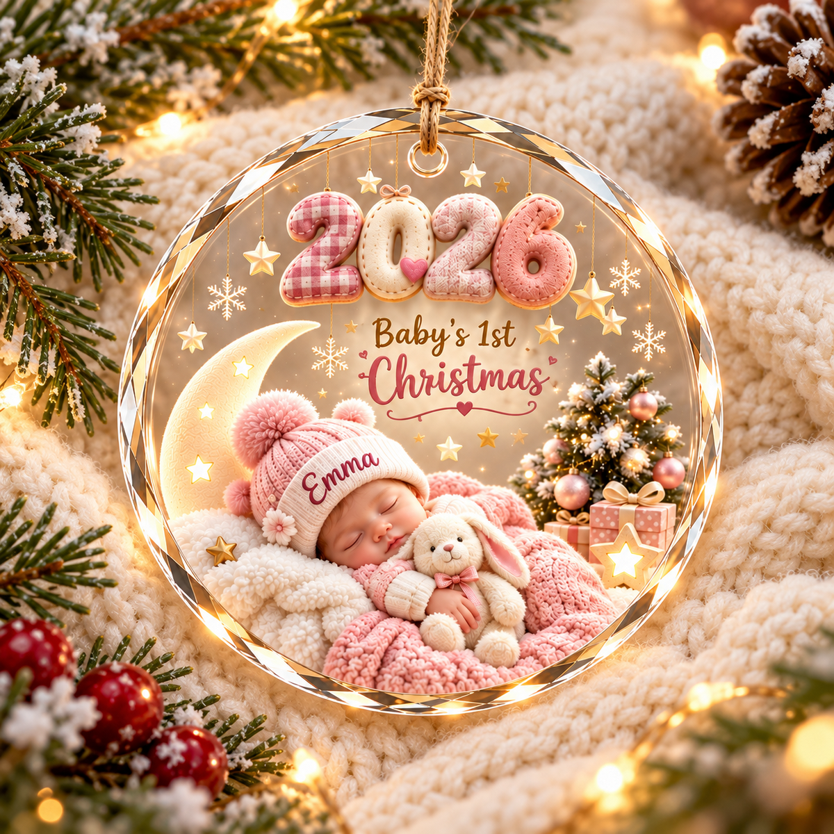 Personalized baby's first Christmas 2026 ornament, girl design, illustrative mockup