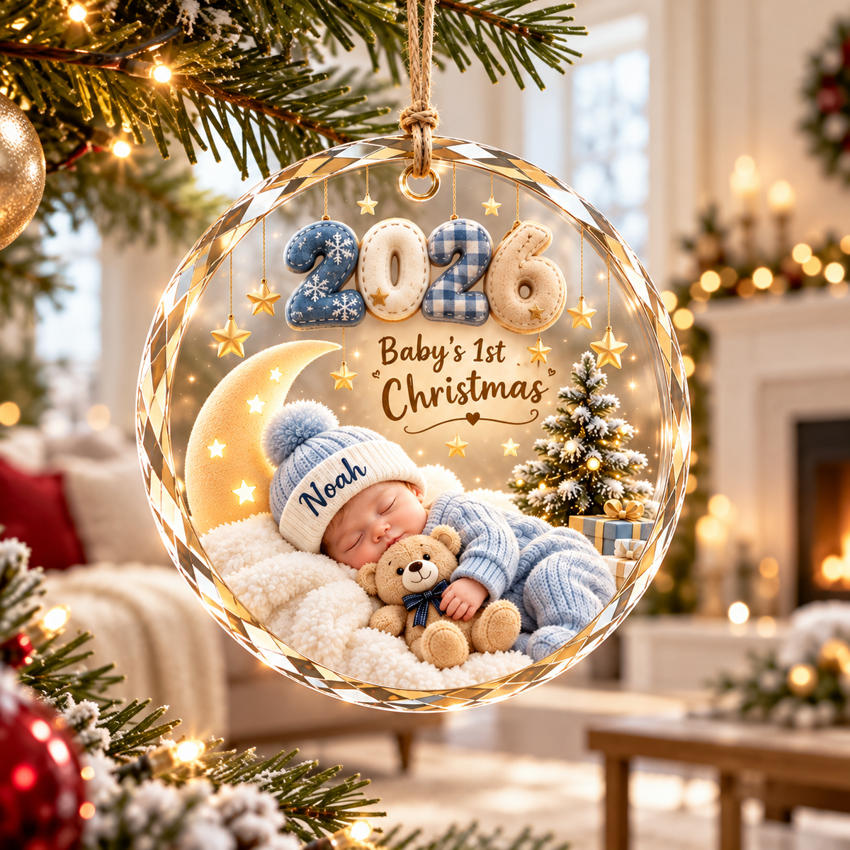 Personalized baby's first Christmas 2026 ornament, boy design, illustrative mockup