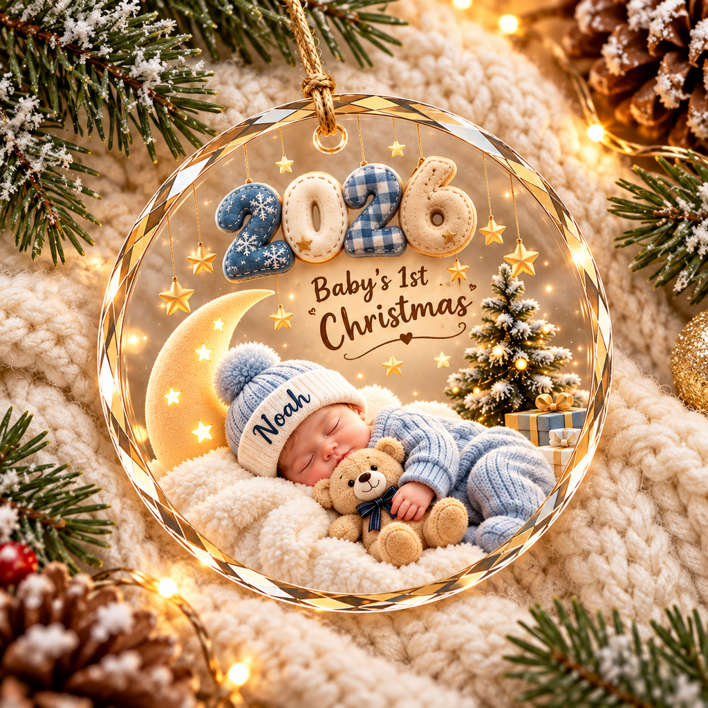 Personalized baby's first Christmas 2026 ornament, boy design, illustrative mockup