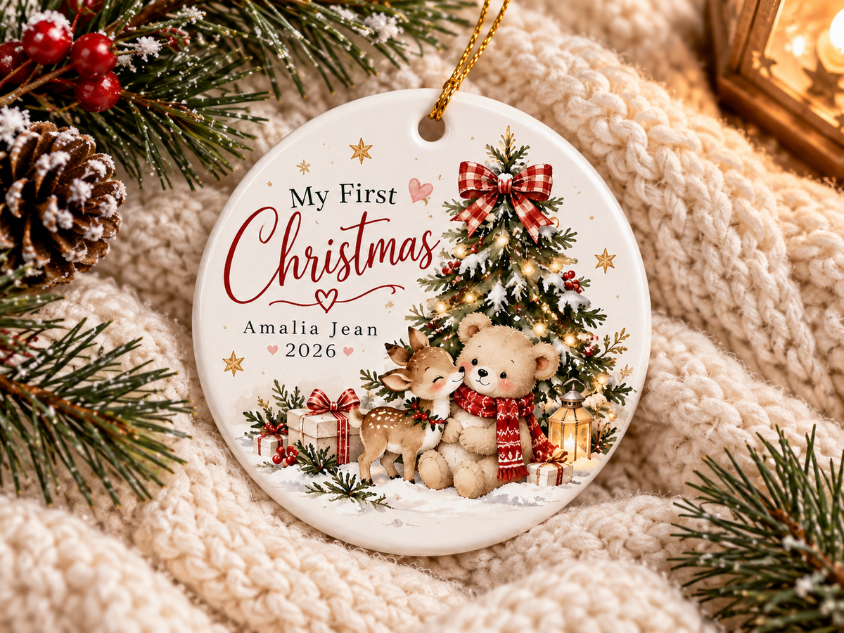 Personalized first Christmas ornament mockup 2