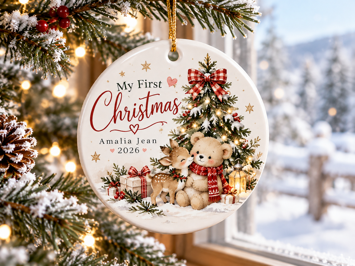 Personalized first Christmas ornament mockup 3