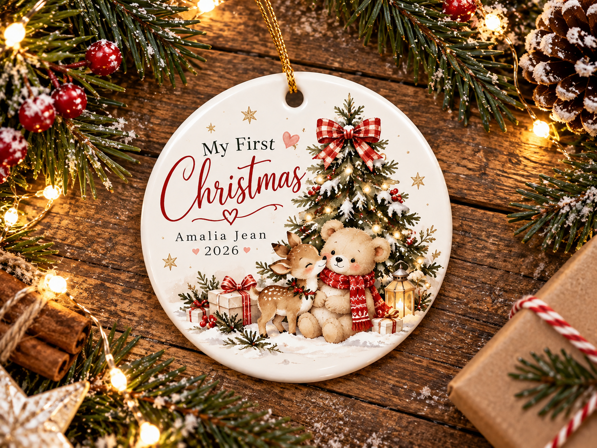 Personalized first Christmas ornament mockup 4