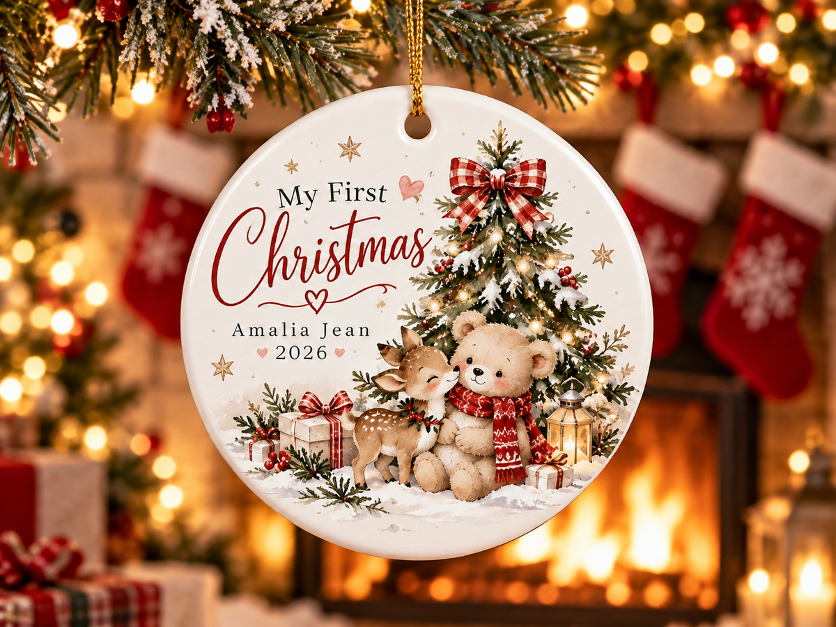 Personalized first Christmas ornament mockup 5