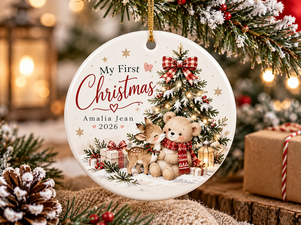 Personalized first Christmas ornament mockup 6