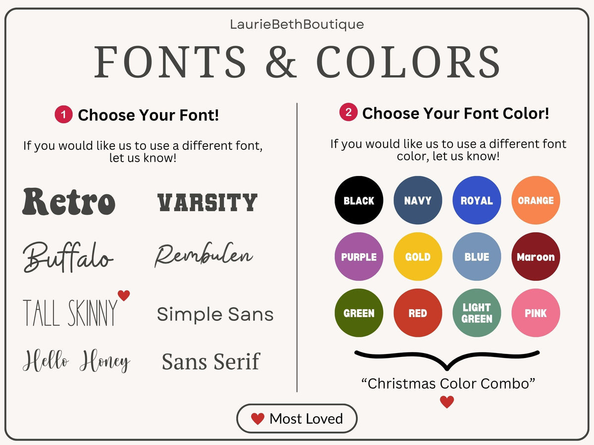 May include: A LaurieBethBoutique chart titled FONTS &amp; COLORS. The left side lists font options: Retro, Varsity, Buffalo, Rembulen, Tall Skinny, Simple Sans, Hello Honey, and Sans Serif. The right side displays twelv