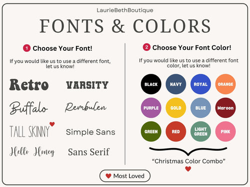 May include: A LaurieBethBoutique chart titled FONTS &amp; COLORS. The left side lists font options: Retro, Varsity, Buffalo, Rembulen, Tall Skinny, Simple Sans, Hello Honey, and Sans Serif. The right side displays twelv