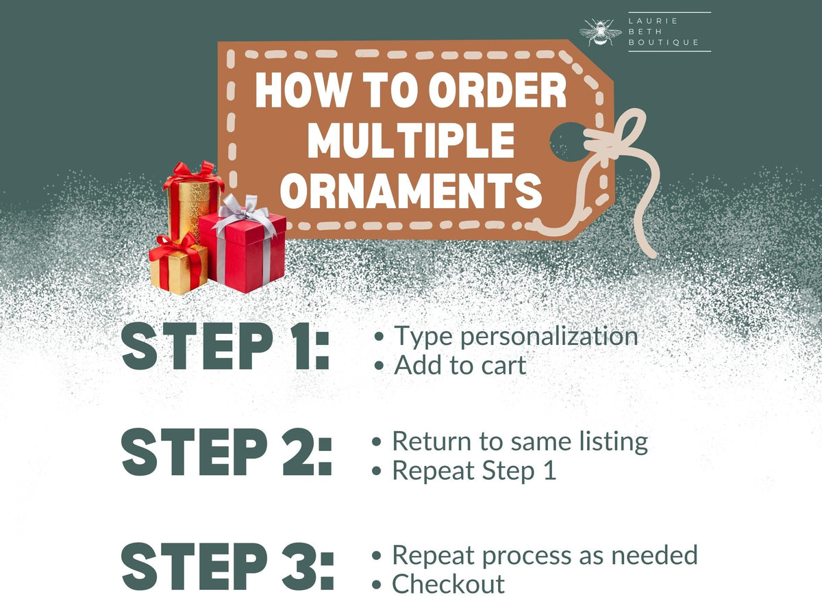 May include: An instructional graphic titled HOW TO ORDER MULTIPLE ORNAMENTS with a brown gift tag icon, three wrapped gift boxes, and a three-step list: Step 1: Type personalization, Add to cart. Step 2: Return to same 