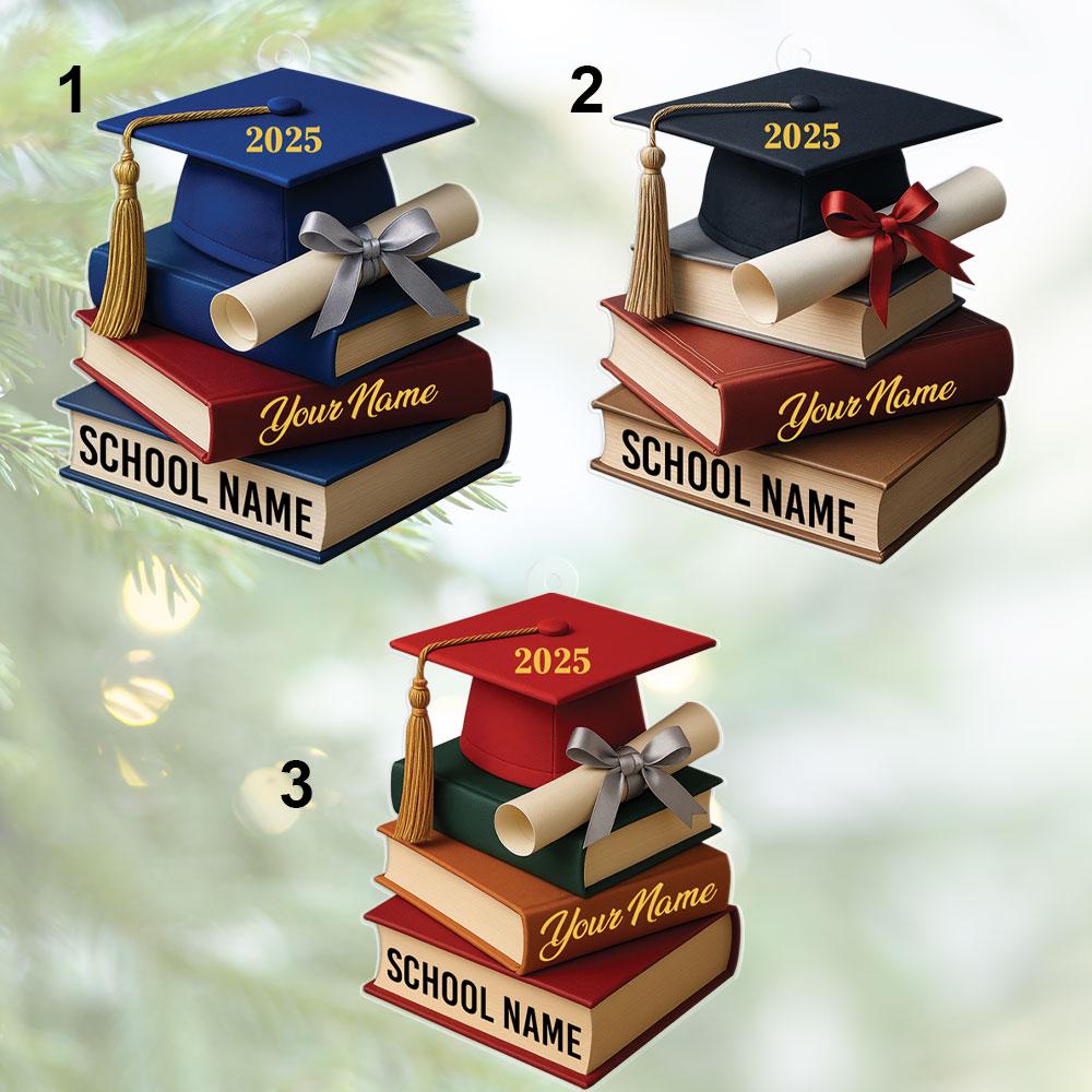 May include: Graduation-themed ornaments in blue, black, and red, each featuring a mortarboard with the year 2025, a diploma, and a stack of books. The books are labeled "School Name" and "Your Name."