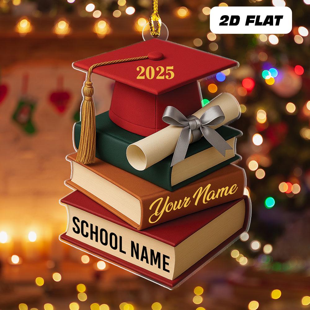 May include: A graduation-themed ornament featuring a red mortarboard with "2025" in gold, stacked on books. The books are in shades of red, brown, and green, with a scroll tied with a gray ribbon. The bottom b