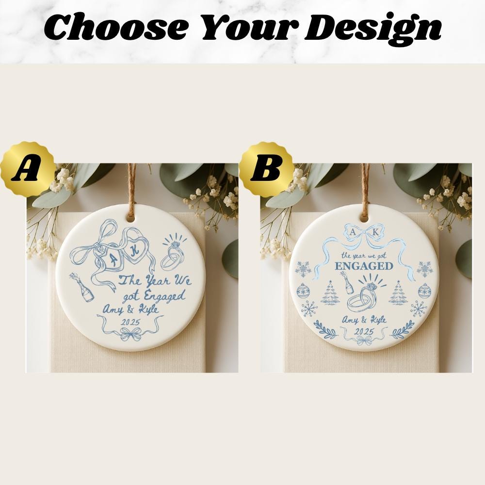 May include: Two ceramic engagement ornaments with blue illustrations and text. One says "The Year We got Engaged" and the other says "ENGAGED". Both include names and the year 2025. Each has a gold l