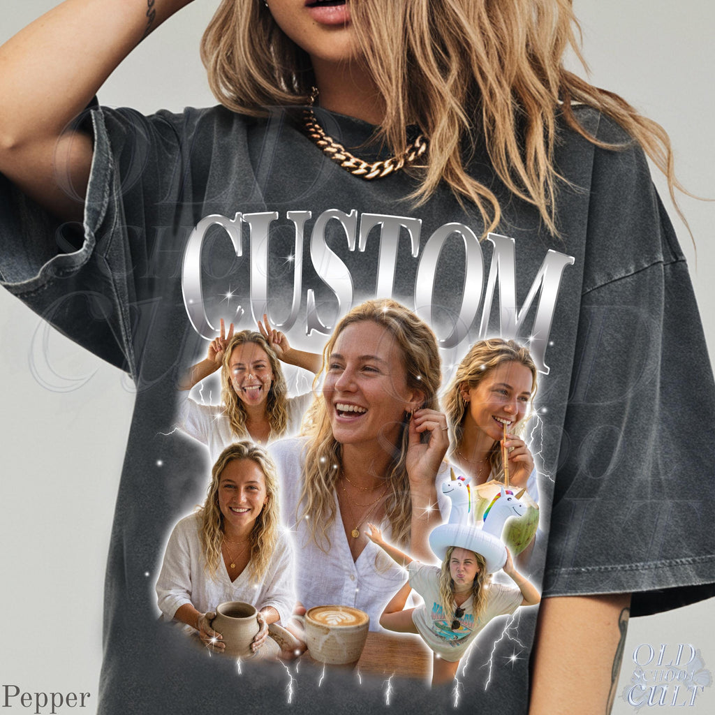 May include: Dark gray t-shirt with the word "CUSTOM" in a silver, metallic font. The shirt features a collage of photos of a person, with a variety of poses and expressions. The shirt has a vintage, distressed