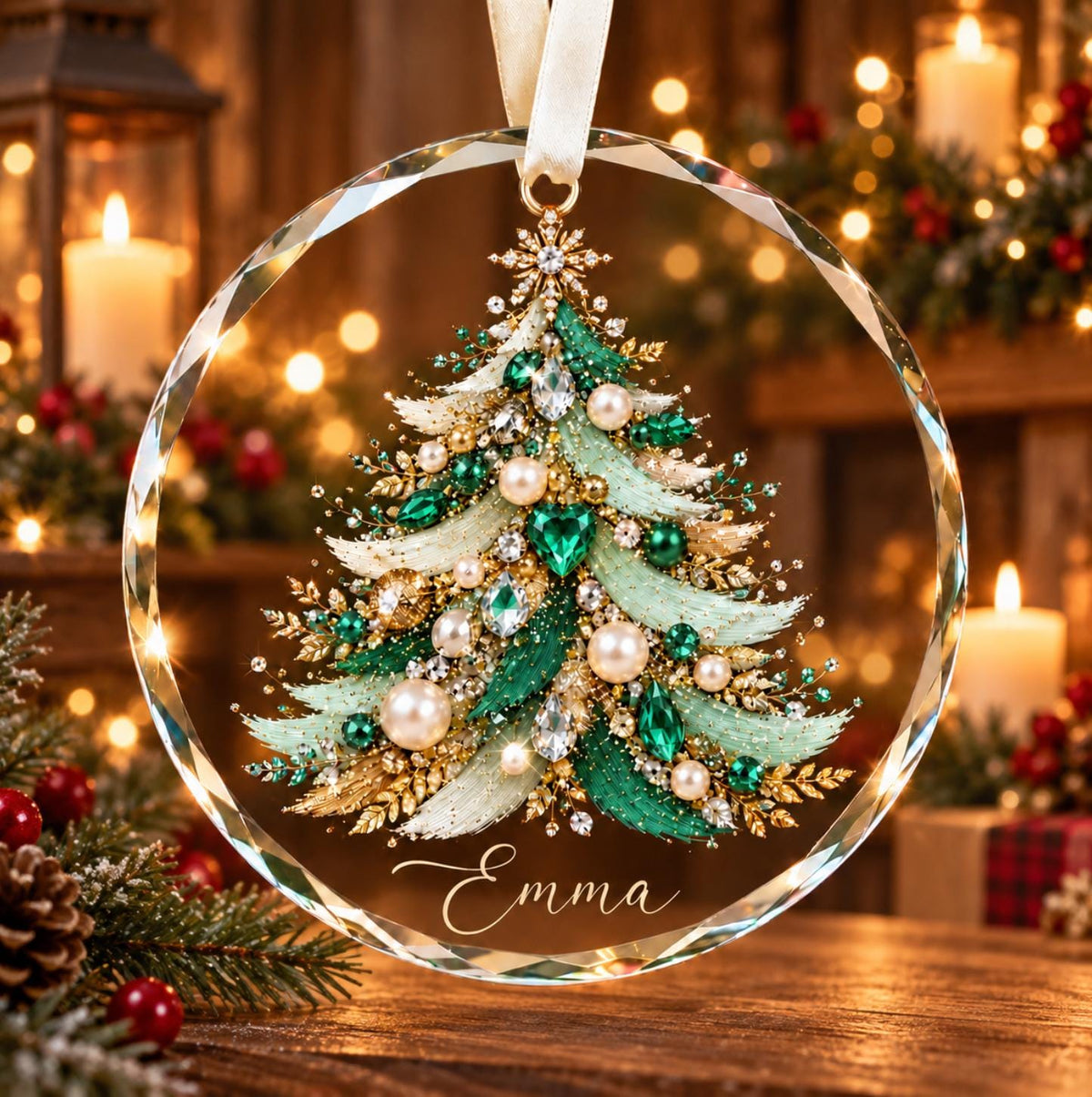 May include: A circular crystal ornament featuring a detailed Christmas tree illustration adorned with green and clear crystals, gold accents, and white pearls. The name Emma is printed in white script at the bottom, and
