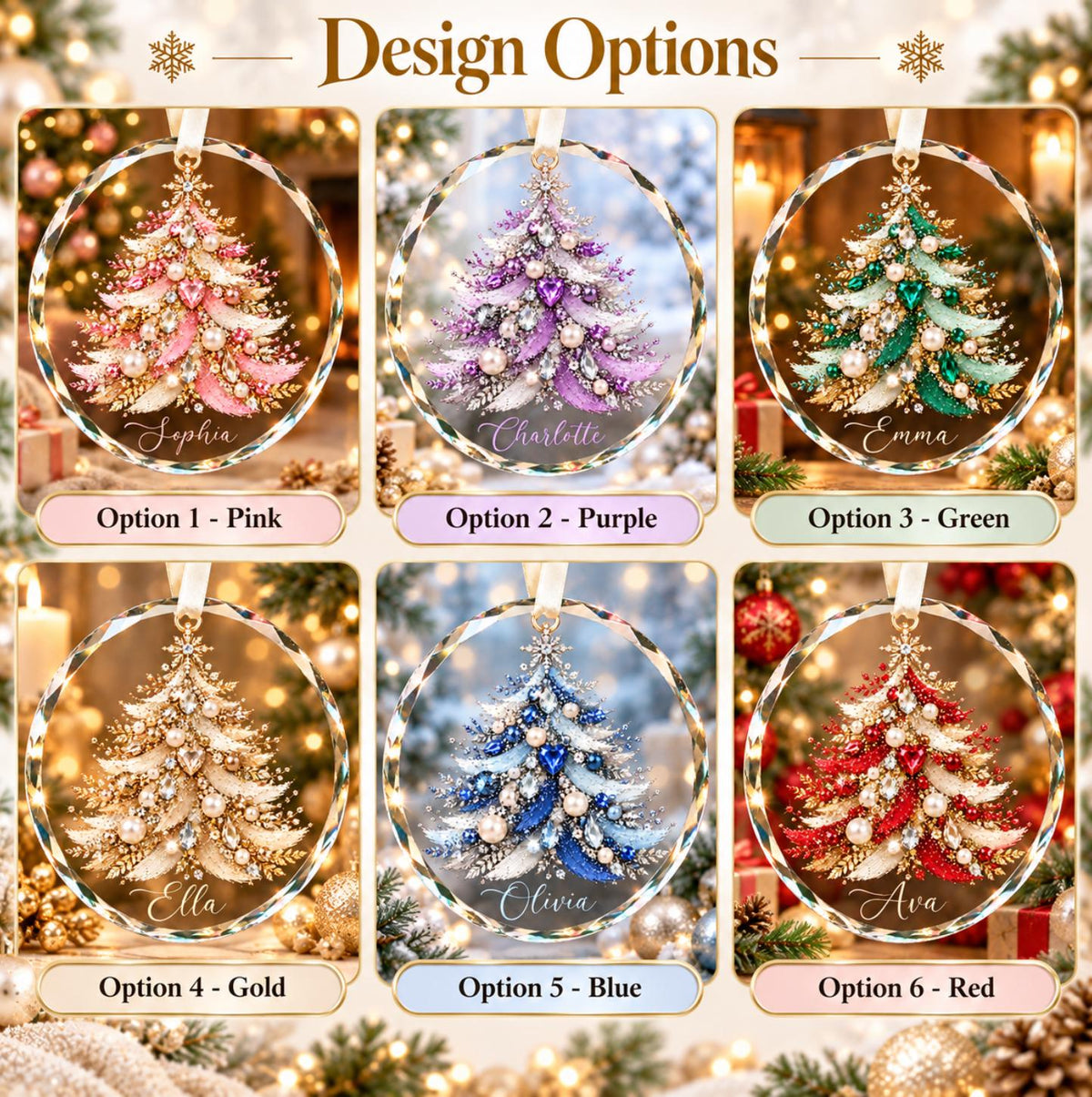May include: Six circular glass ornaments featuring Christmas tree designs in pink, purple, green, gold, blue, and red. Each tree is decorated with pearls, crystals, and gold foliage. The text Design Options appears at t