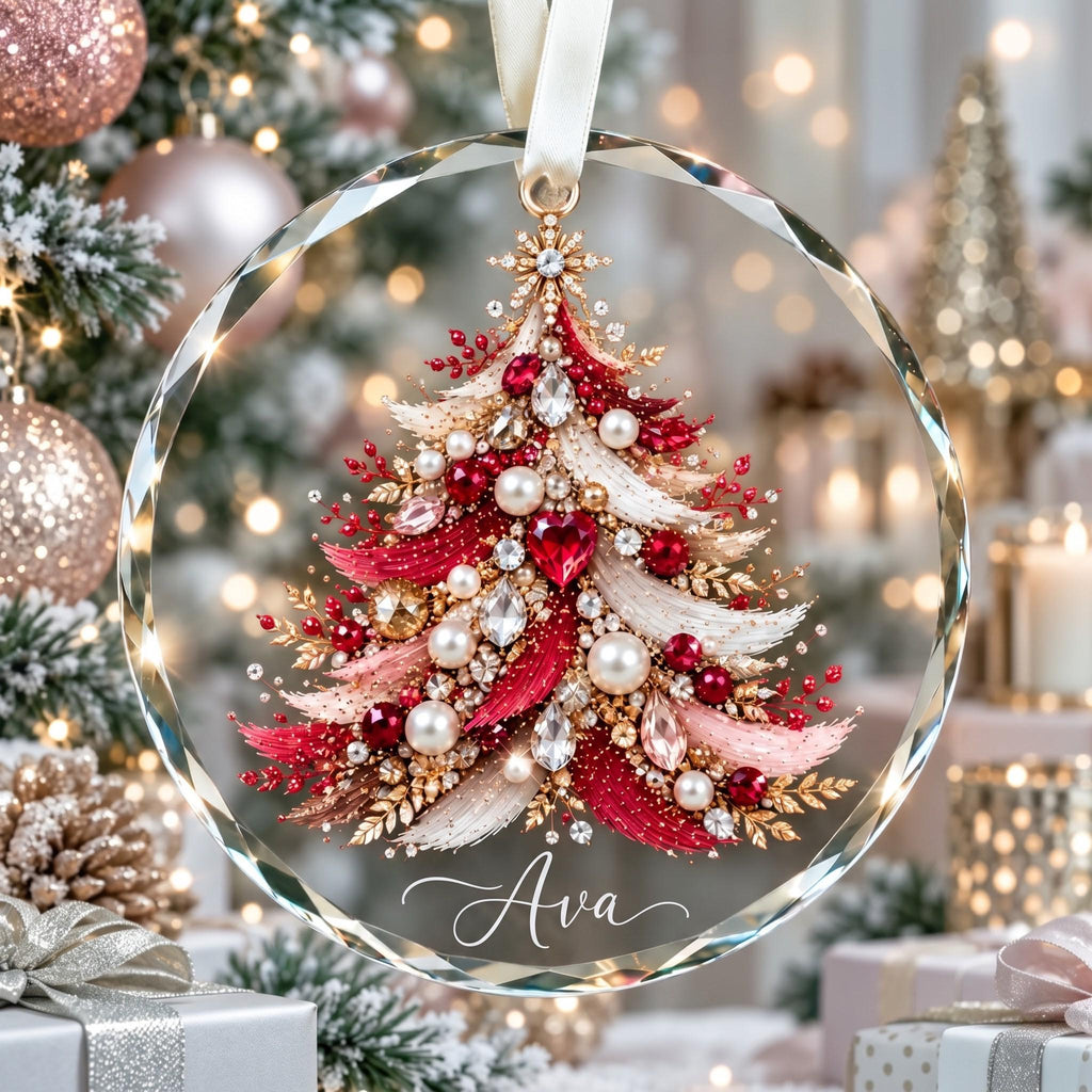 May include: A circular glass ornament featuring a detailed Christmas tree design made of red, white, and gold embellishments, including crystals, pearls, and beads. The name Ava is printed in white script at the bottom 