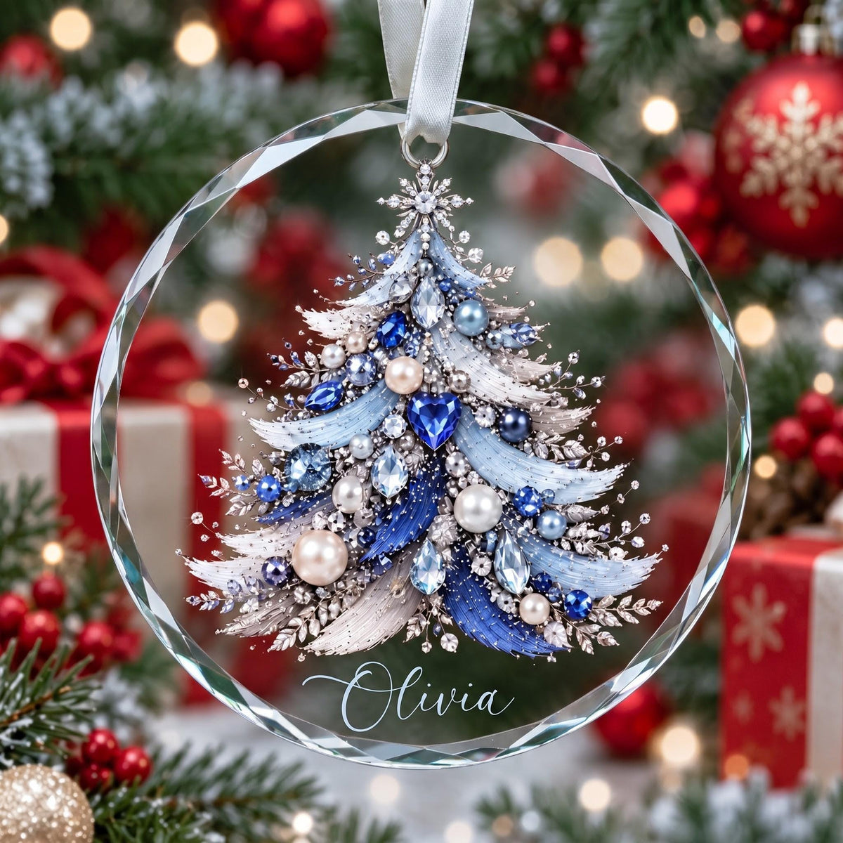 May include: A circular glass ornament featuring a detailed Christmas tree illustration composed of blue, silver, and white crystals, beads, and pearls. The name Olivia is printed in white script at the bottom of the cle