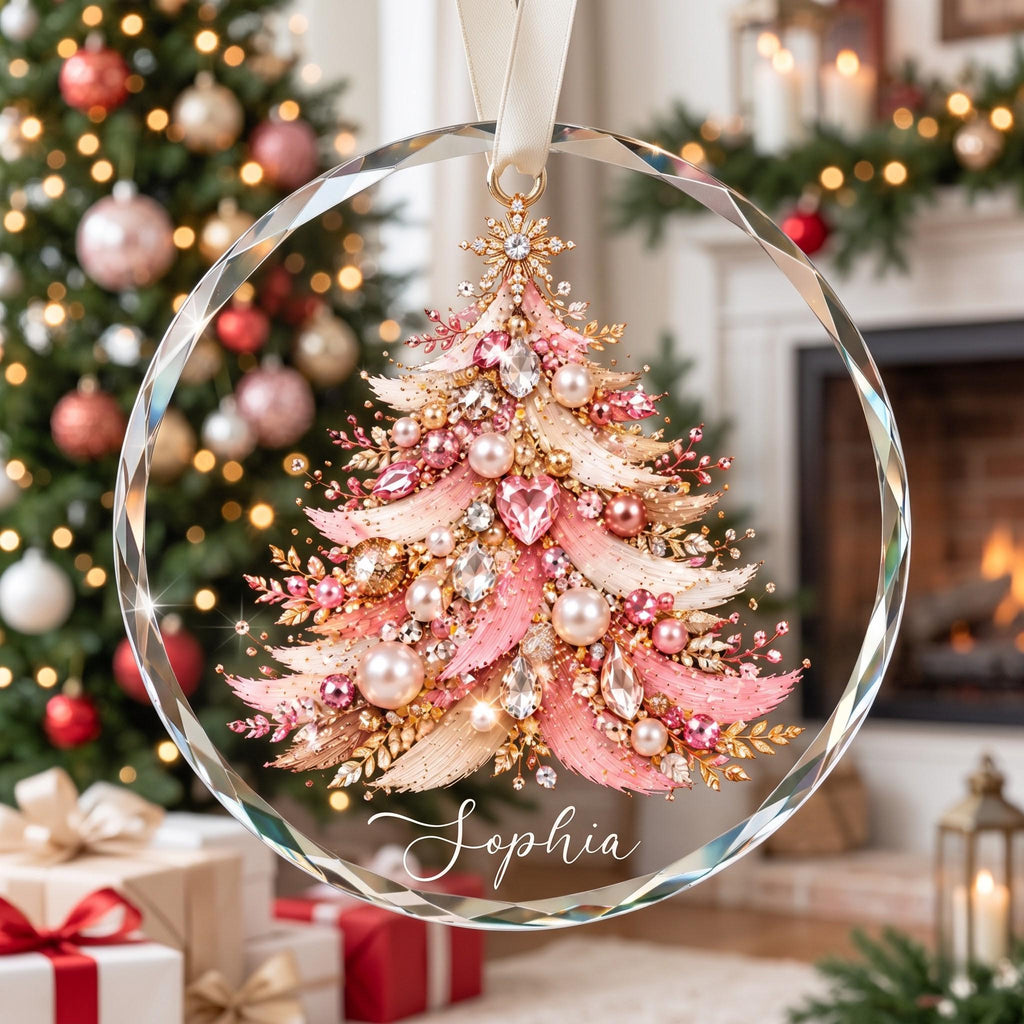 May include: A circular glass ornament featuring a decorative Christmas tree design in shades of pink, gold, and white. The tree is embellished with pearls, crystals, and heart-shaped gems. The name Sophia is printed in 