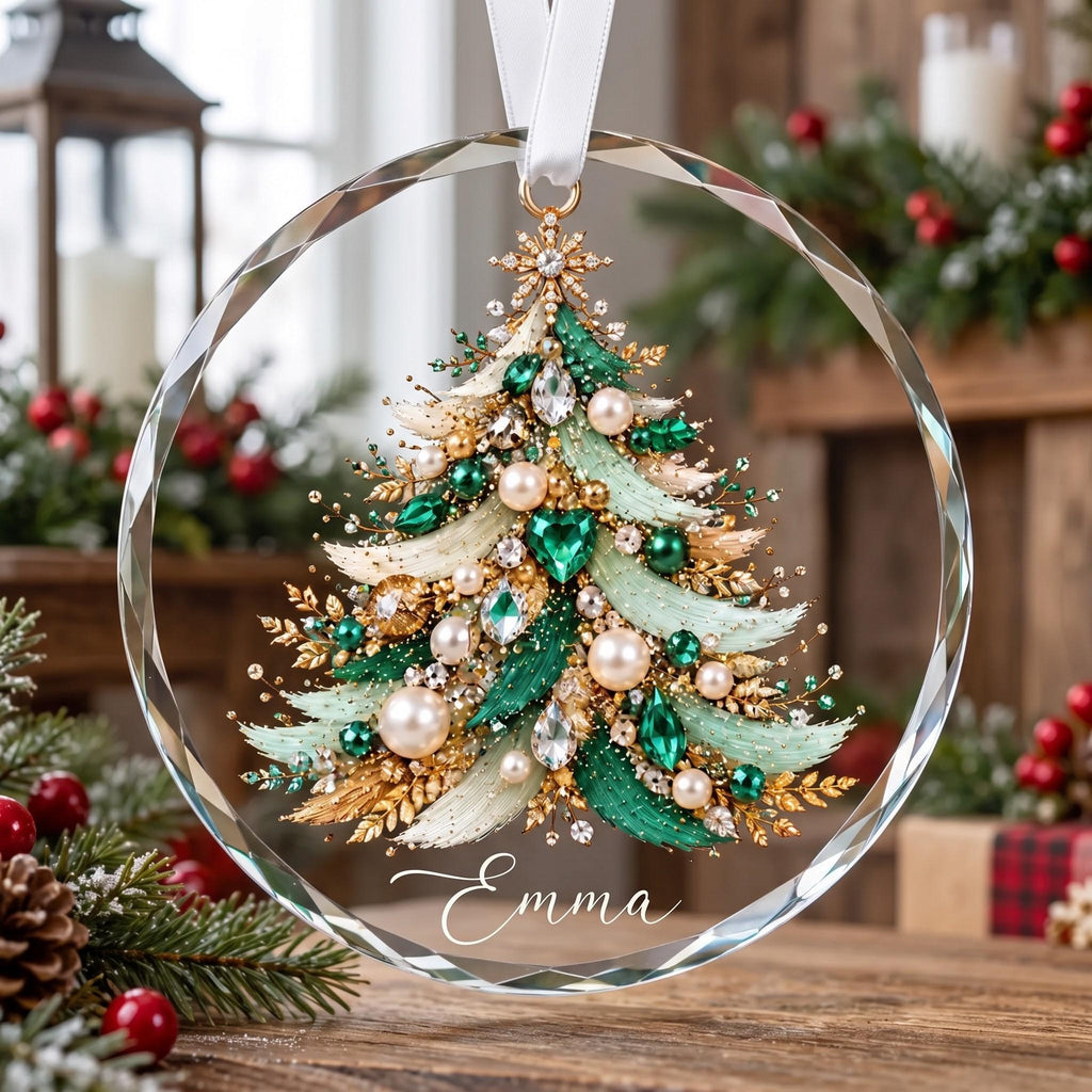 May include: A circular glass ornament featuring a detailed Christmas tree design embellished with green, gold, and white beads, crystals, and pearls. The name Emma is written in white script at the bottom of the clear g