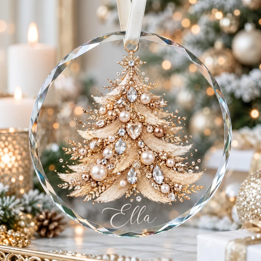 May include: A circular clear glass ornament featuring a gold-toned textured Christmas tree design embellished with white pearls and clear crystals. The name Ella is printed in white script at the bottom. A white ribbon 