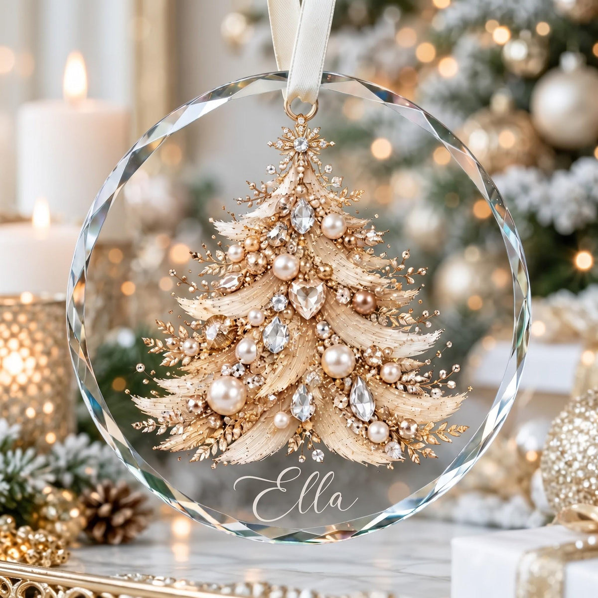 May include: A circular clear glass ornament featuring a gold-toned textured Christmas tree design embellished with white pearls and clear crystals. The name Ella is printed in white script at the bottom. A white ribbon 