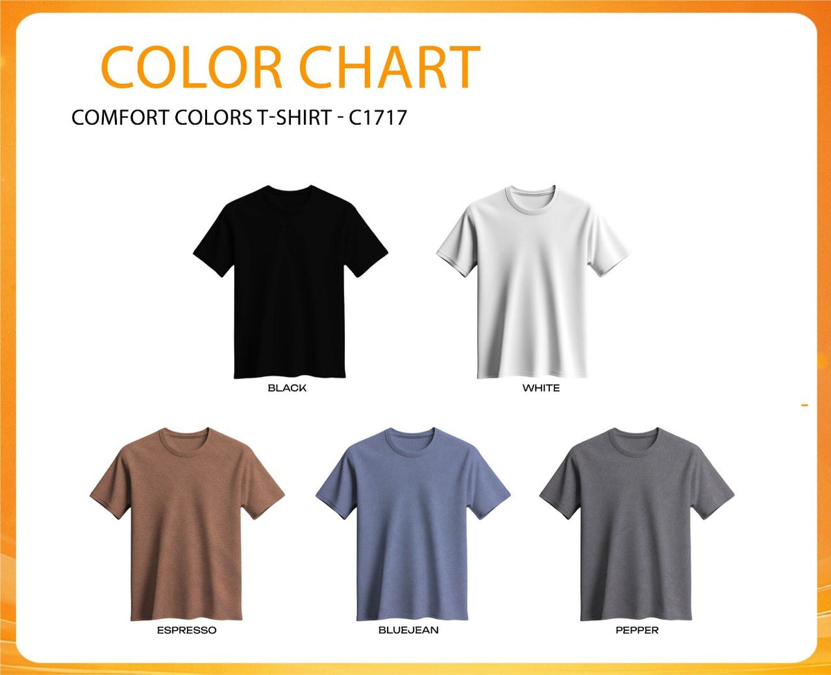 Comfort Colors C1717 factory color chart: Black, White, Espresso, Blue Jean and Pepper