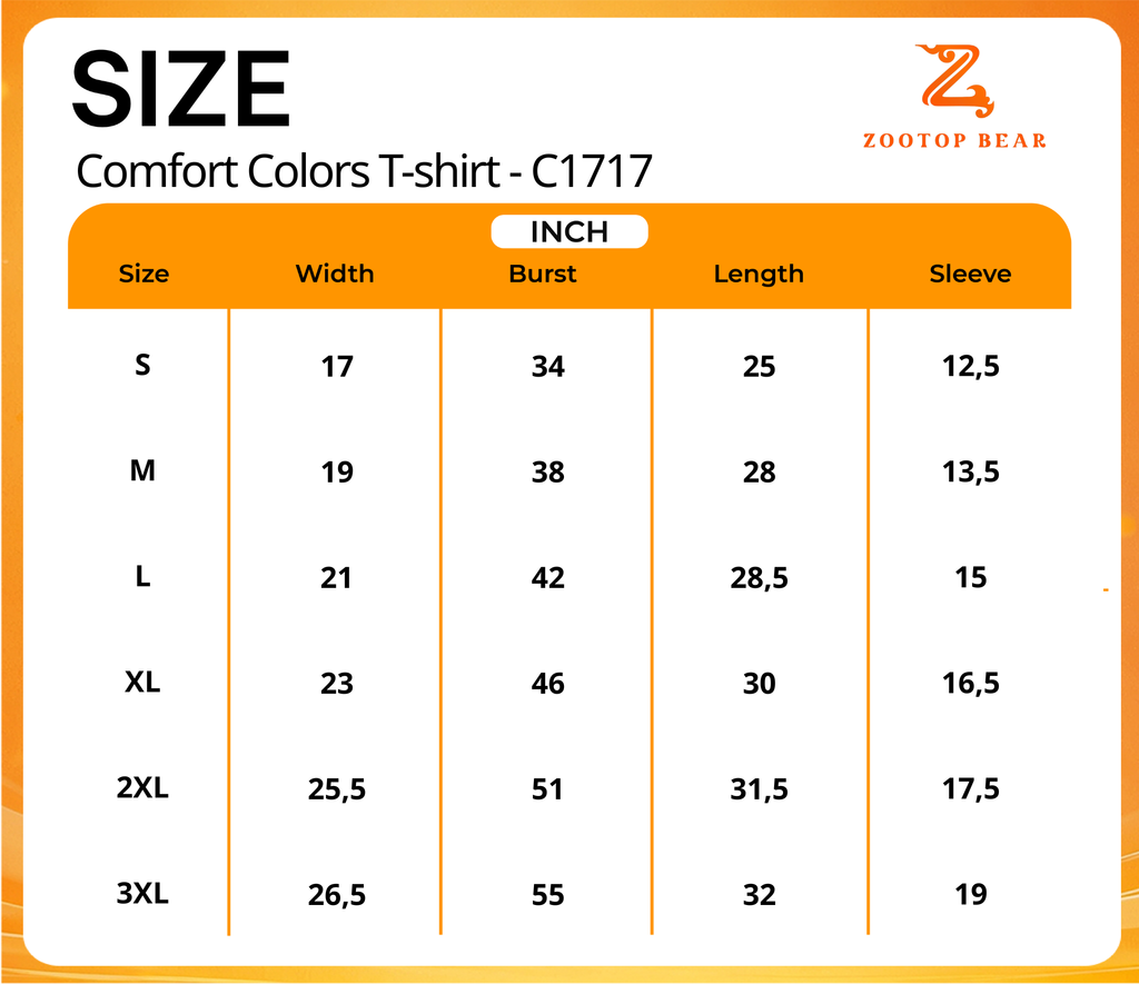 Factory Comfort Colors C1717 size chart S–3XL