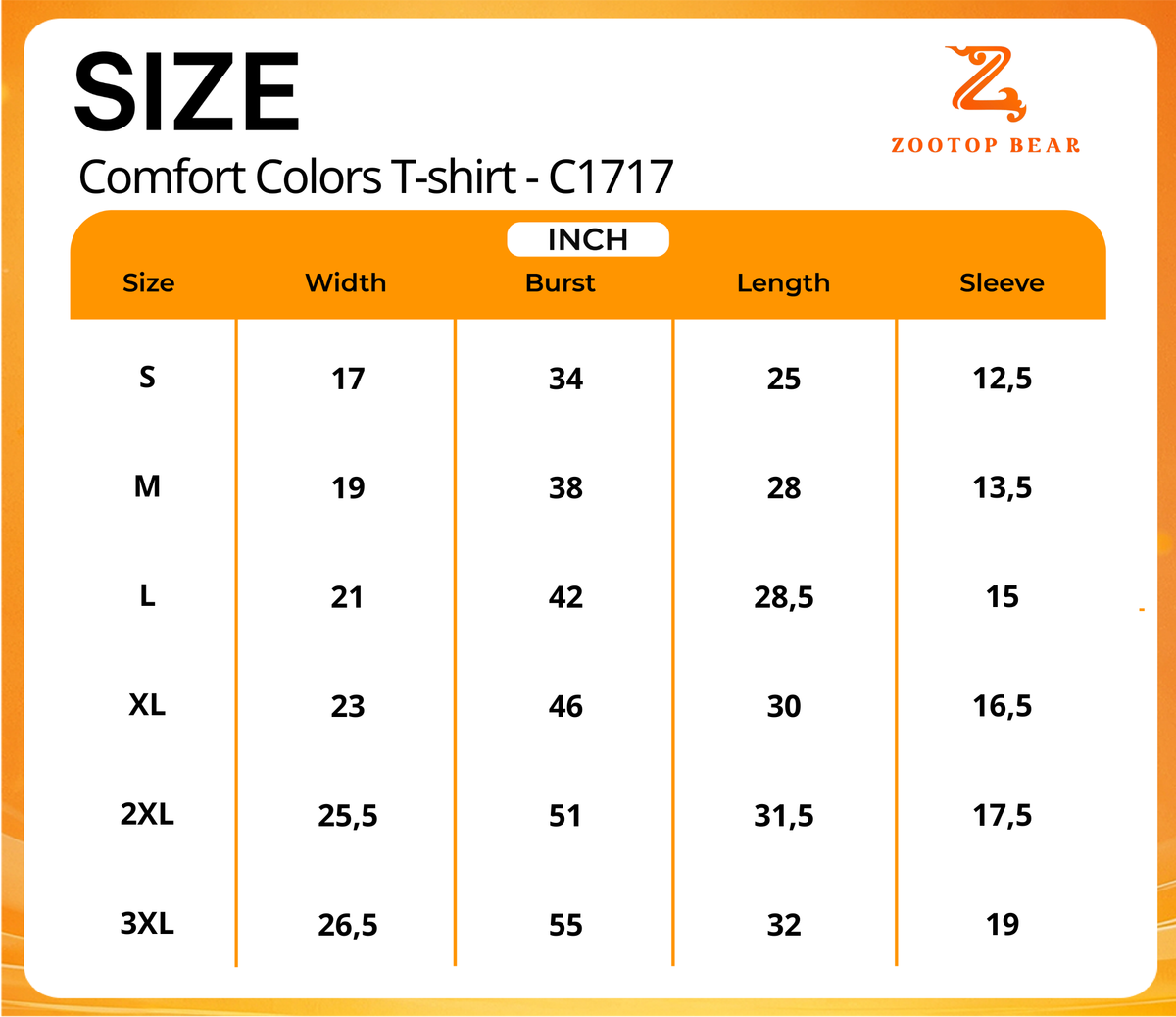 Factory Comfort Colors C1717 size chart S–3XL