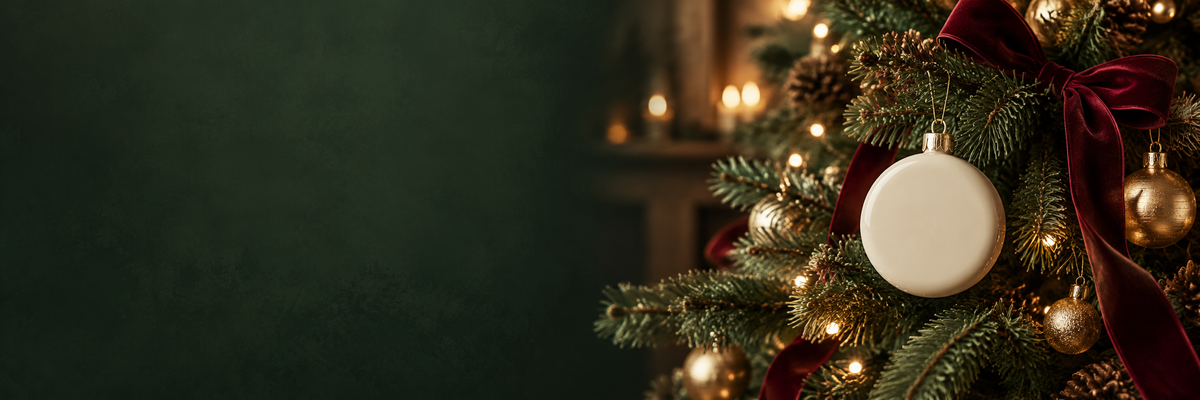 Christmas evergreen branches with burgundy ribbon and warm golden lights