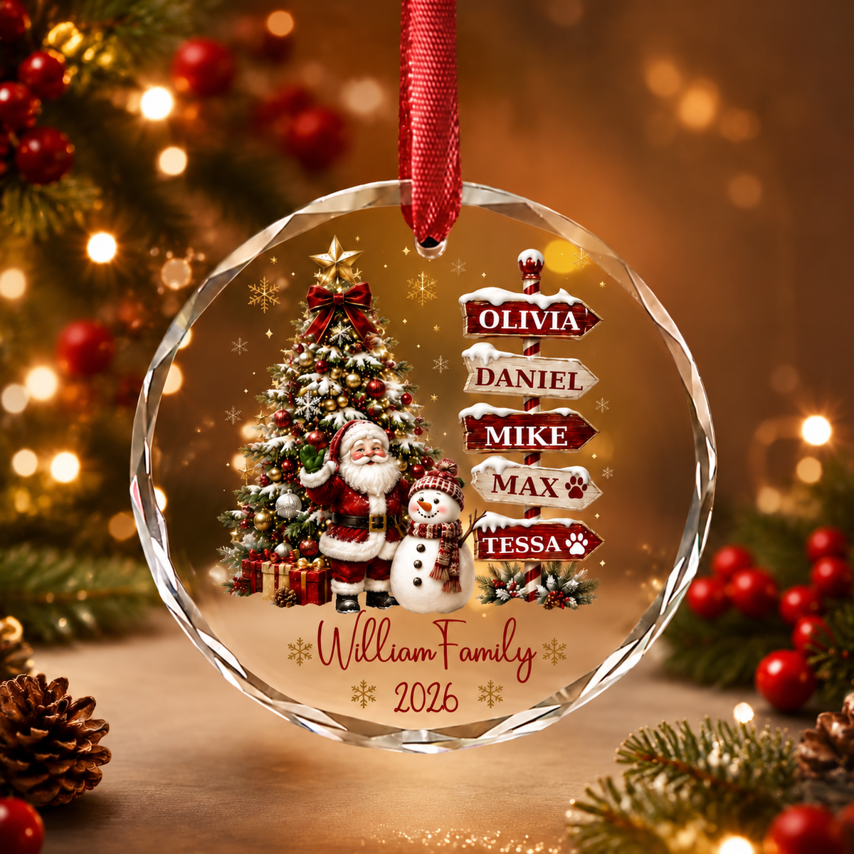 Personalized family signpost design printed on round crystal glass