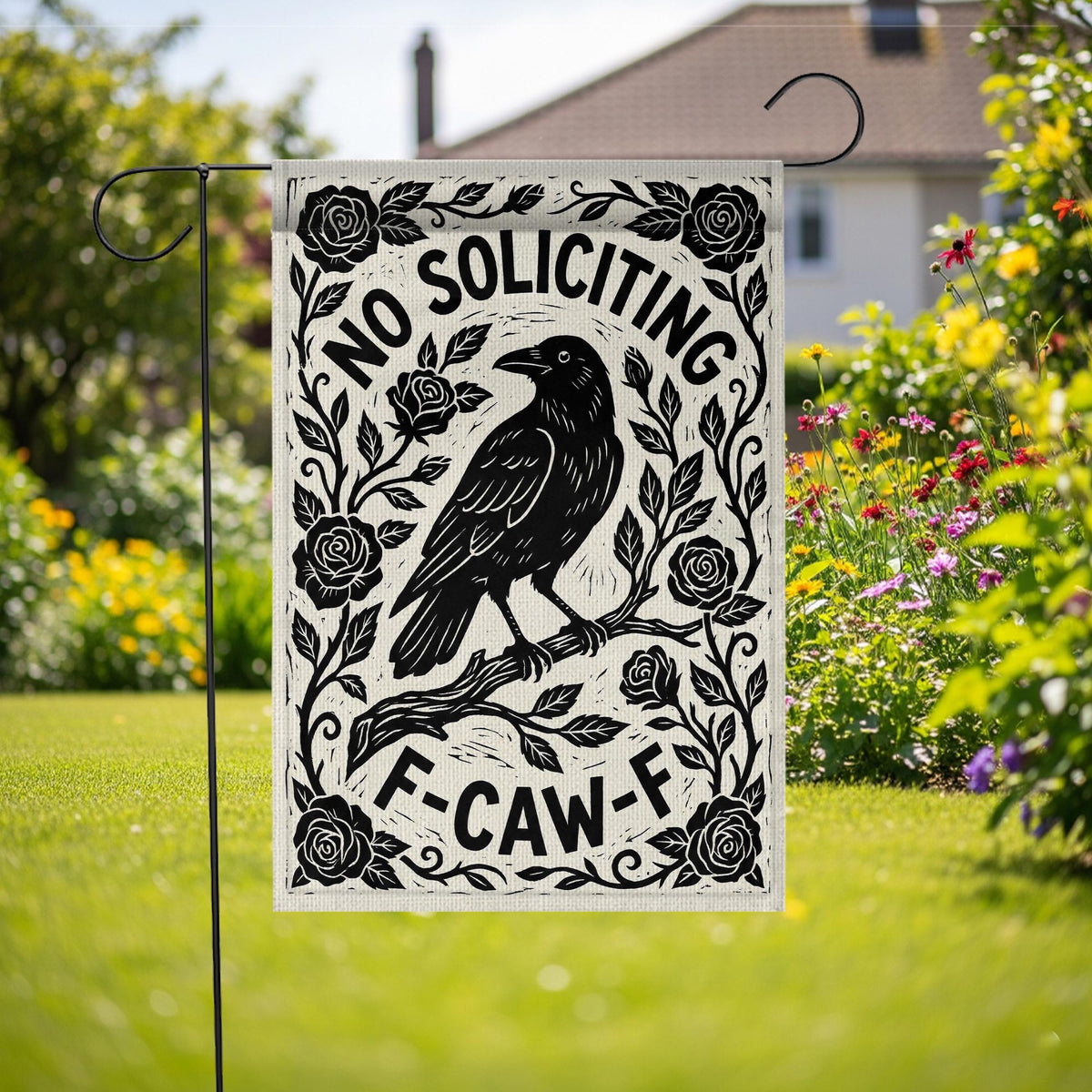 F-Caw-F Crow No Soliciting Funny Garden Flag — view 1