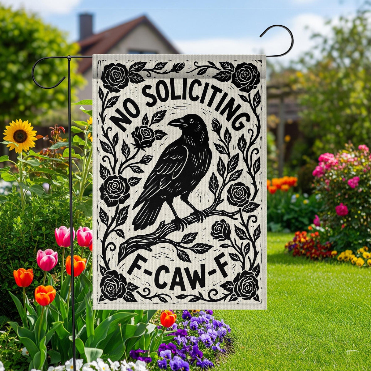 F-Caw-F Crow No Soliciting Funny Garden Flag — view 6